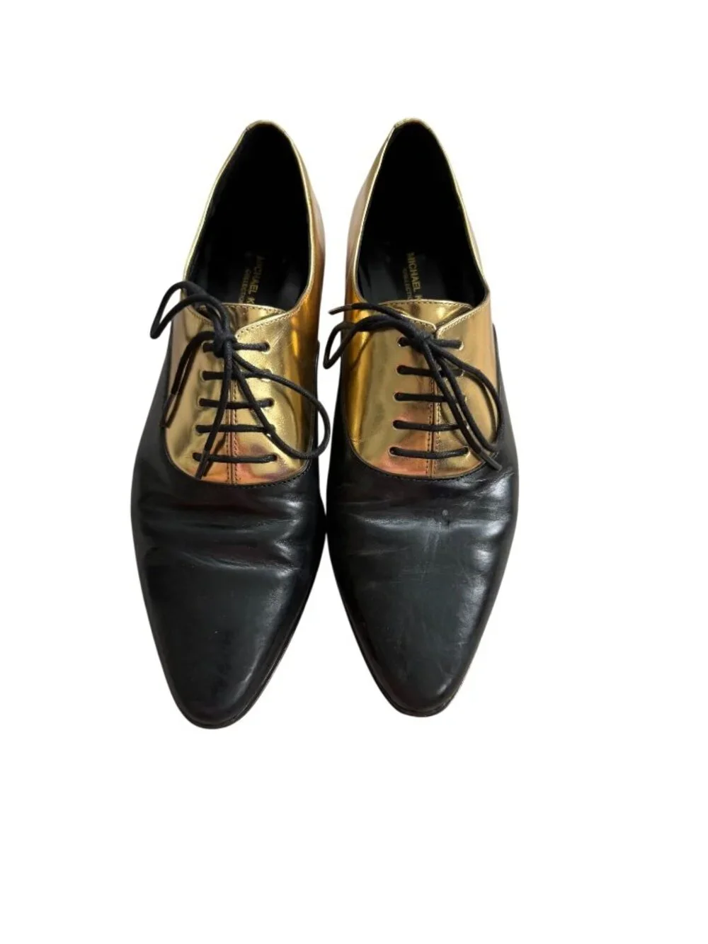 MICHAEL KORS Collection Gold Black Leather Oxford Flats Size 38 / 8